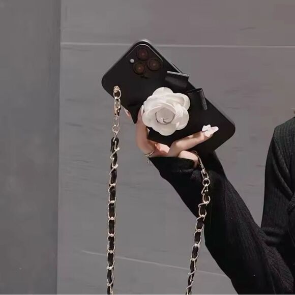 Elegant Chain Strap iPhone 16 Case with White Flower Accent - Picture 3 of 9